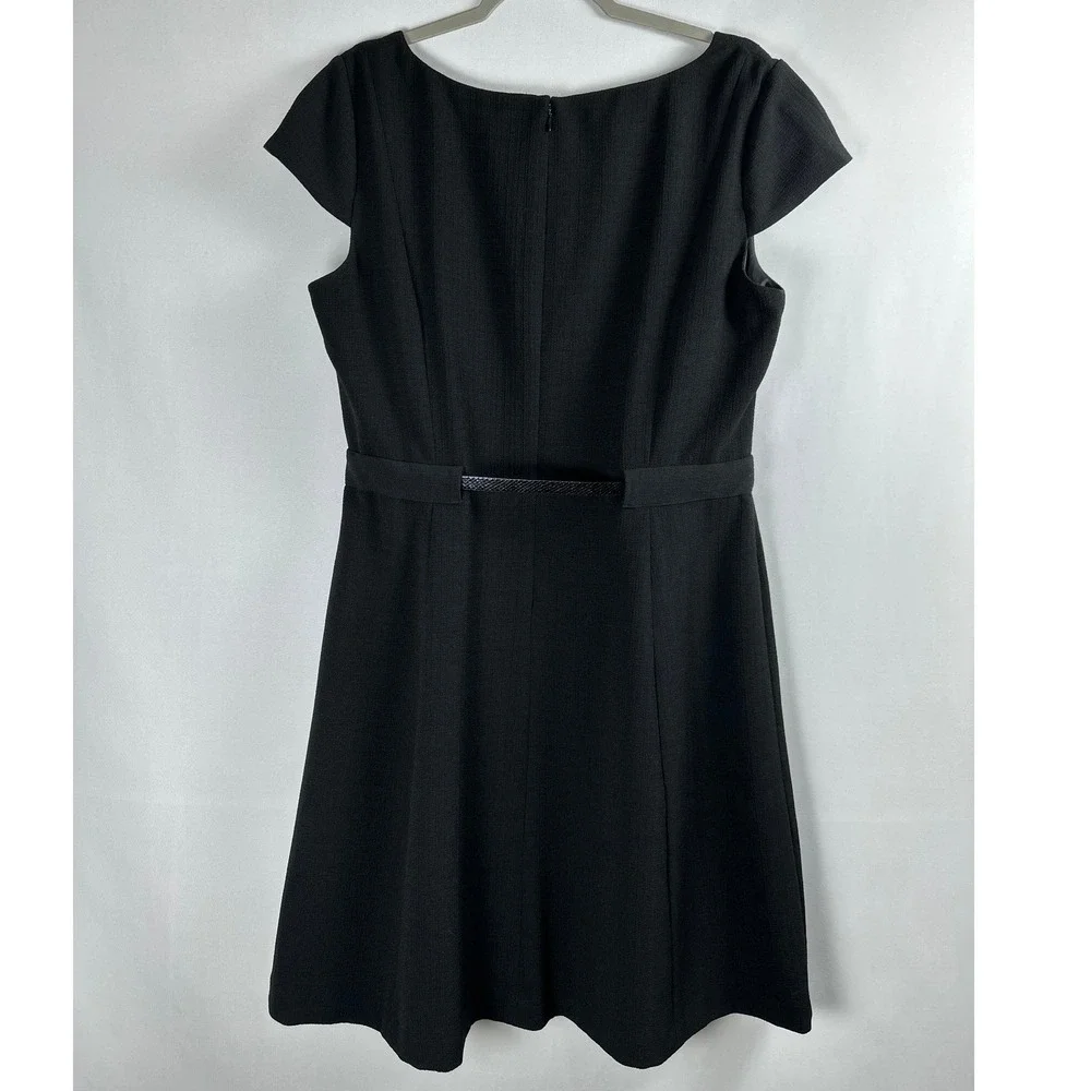 Evan Picone Dress Womens 16 Black Belted V-Neck Cap Sleeve Classic Office Career